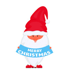 Gnome holds a banner that says Merry Christmas. Vector for New Year holidays