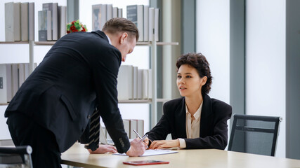 Pity caucasian businesswoman unsatisfied working with confusion and difficulty as getting charge from angry corporation boss to complain about job disagreement and failure team mistake