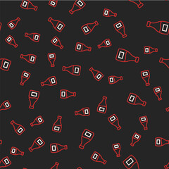 Line Sauce bottle icon isolated seamless pattern on black background. Ketchup, mustard and mayonnaise bottles with sauce for fast food. Vector