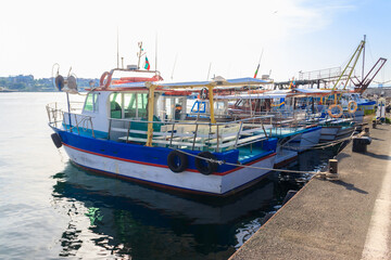 Tourist boats moored in a port in Nessebar, Bulgaria