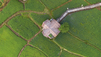 Aerial View Above Old Cottage Rural Village Rice Fields