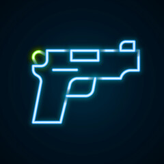 Glowing neon line Pistol or gun icon isolated on black background. Police or military handgun. Small firearm. Colorful outline concept. Vector