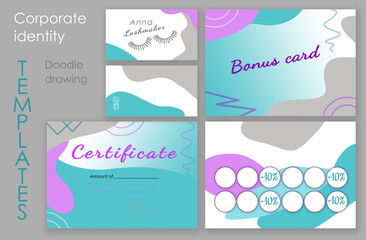 Make up set. Digital Make-up buisenes and bonus card, gift and education certificate for an educational institution. Geometric curve elements on blue and white pink and turquoise background.