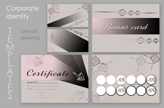 Make up set. Digital Make-up buisenes and gift or bonus card and certificate for an educational institution. Geometric square elements on brown and gradient pink, beige and black background.