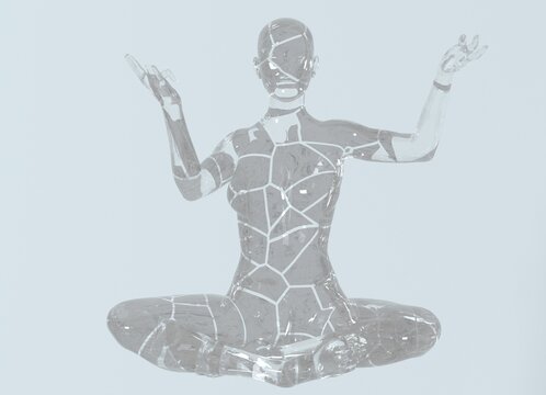 Abstract surreal 3d illustration of a woman sitting in a lotus pose, statue made of glass. Concept of Future-proofing, minimizing the effects of stresses of future events.