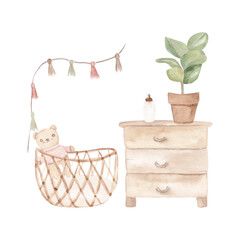 Watercolor boho baby room illustration on white background  © gingernatyart