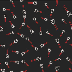 Line Witches broom icon isolated seamless pattern on black background. Happy Halloween party. Vector