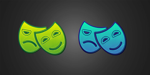 Green and blue Comedy and tragedy theatrical masks icon isolated on black background. Vector
