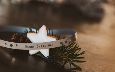 Christmas greeting card with cookies and cinnamon stars
