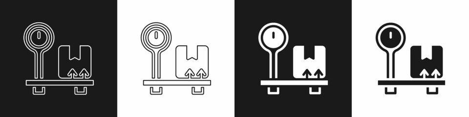 Set Scale with cardboard box icon isolated on black and white background. Logistic and delivery. Weight of delivery package on a scale. Vector