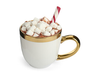 Cup of delicious hot chocolate with marshmallows and candy cane isolated on white