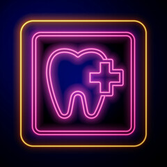 Glowing neon Dental clinic location icon isolated on black background. Vector