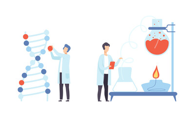 Man Research Scientist in Laboratory Coat Conducting Experiment with Chemical in Flask and DNA Vector Set