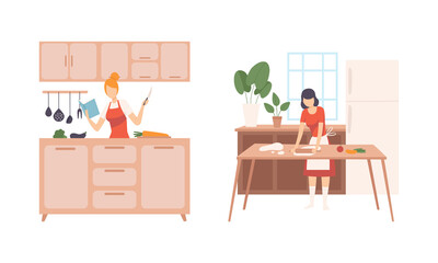 Young Woman in Kitchen Cooking Meal and Preparing Food at Home Vector Set