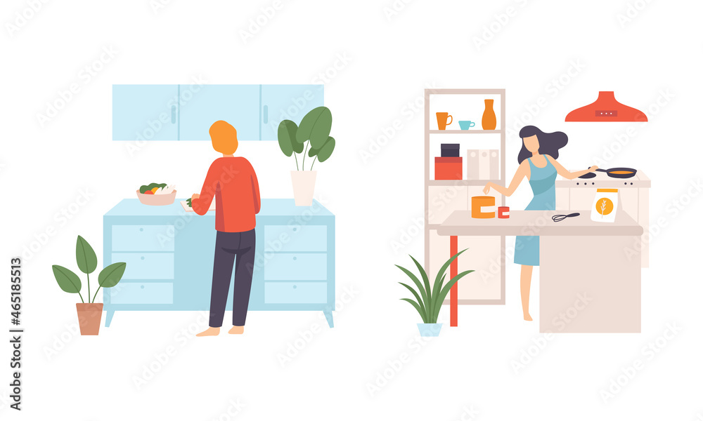 Canvas Prints Young Man and Woman in Kitchen Cooking Meal and Preparing Food at Home Vector Set