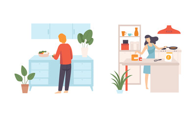 Young Man and Woman in Kitchen Cooking Meal and Preparing Food at Home Vector Set