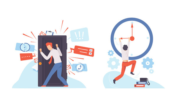 Man Leaning Door and Hanging on Hand of Clock Failing Handling Deadline and Timeline Vector Set