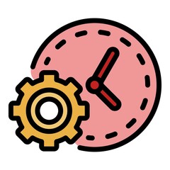 Clock and gear icon. Outline clock and gear vector icon color flat isolated
