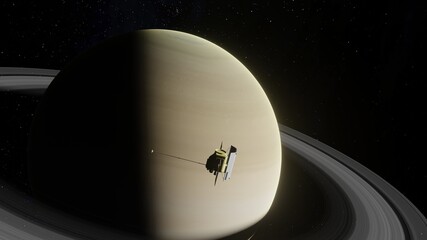 Cassini Space Craft Approaching Planet Saturn 3D Rendering © Beyond Astronomy
