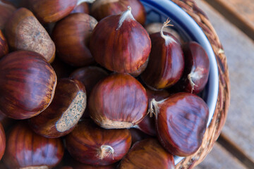 Fresh chestnuts in the basket