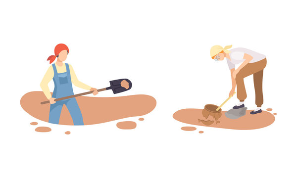 Woman Archaeologist Digging Ground With Shovel Searching For Material Remains Vector Set