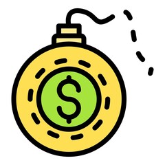 Money crisis bomb icon. Outline money crisis bomb vector icon color flat isolated