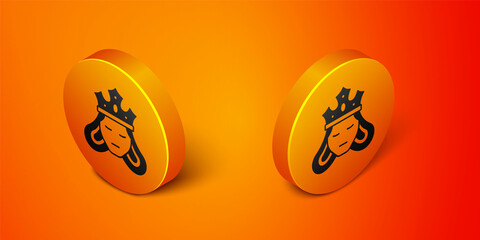 Isometric Princess or queen wearing her crown icon isolated on orange background. Medieval lady. Orange circle button. Vector