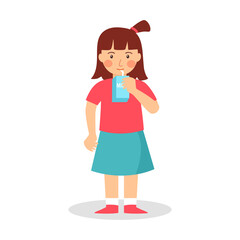Girl children drinking milk in flat design on white background.