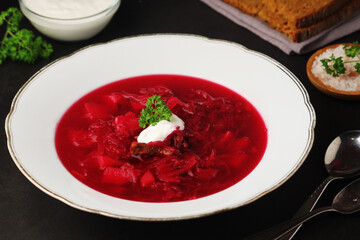 A plate with Ukrainian national dish - borsch