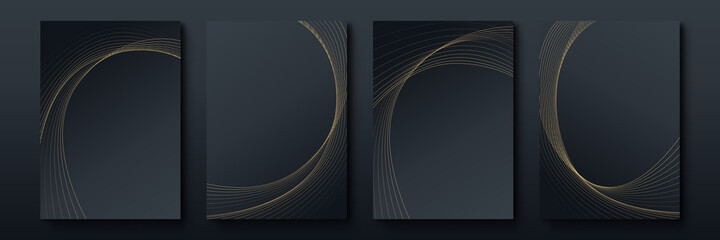 Abstract minimalist poster collection with golden smooth thin ink lines on black background. luxury banner vector design. A4 size. Ideal for flyer, packaging, invitation, cover, business card.