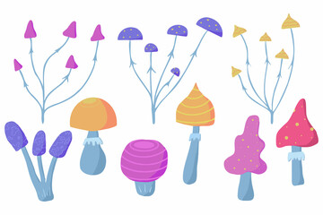 Vector hand drawn set of mushrooms. Set of fabulous bright mushrooms.