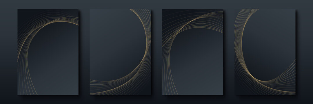 Abstract minimalist poster collection with golden smooth thin ink lines on black background. luxury banner vector design. A4 size. Ideal for flyer, packaging, invitation, cover, business card.
