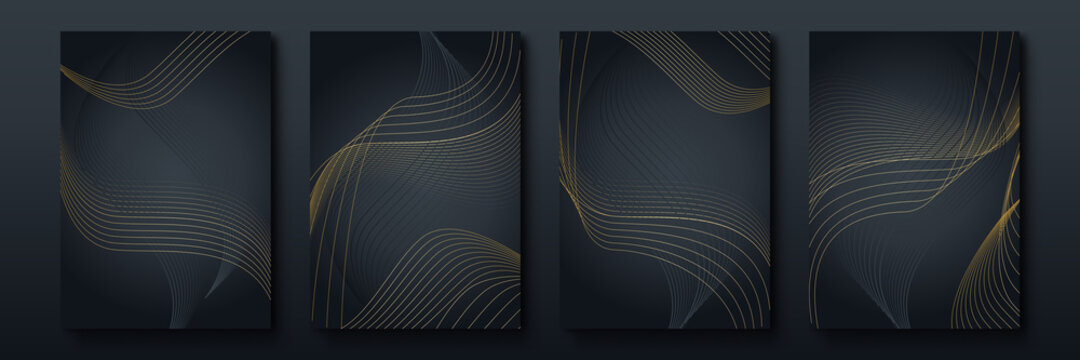 Abstract minimalist poster collection with golden smooth thin ink lines on black background. luxury banner vector design. A4 size. Ideal for flyer, packaging, invitation, cover, business card.