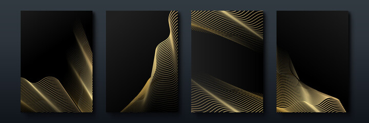 Elegant luxury black and gold cover design backgroung with abstract lines. Modern black stripe cover design set. Luxury creative gold dynamic diagonal line pattern. Formal premium vector for business