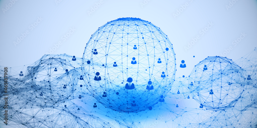 Poster Abstract glowing blue grid globe with people icons on light backdrop. Social media, networking, communication and connection concept. 3D Rendering.