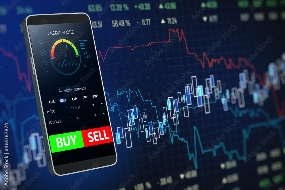 Poster close up of smartphone with forex chart and sell, buy buttons on dark background. stock exchange, cr