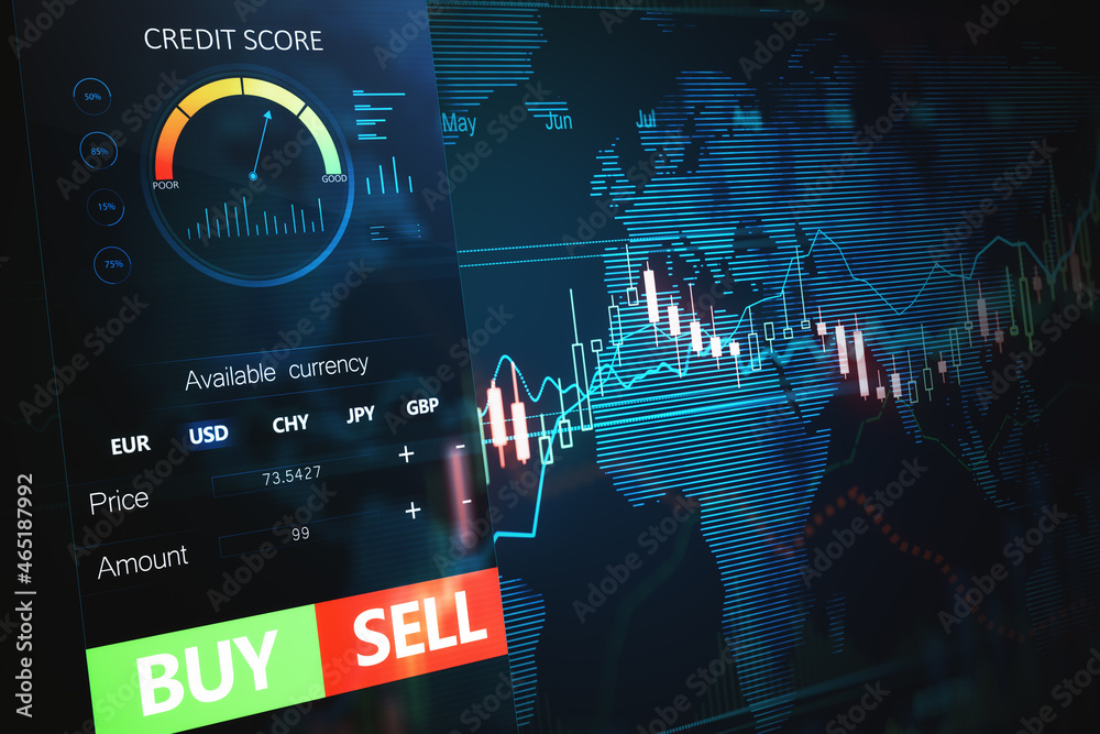 Poster Close up of cellular phone with forex chart and sell, buy buttons on dark background. Stock exchange, cryptocurrency, market and global fund information concept. 3D Rendering.