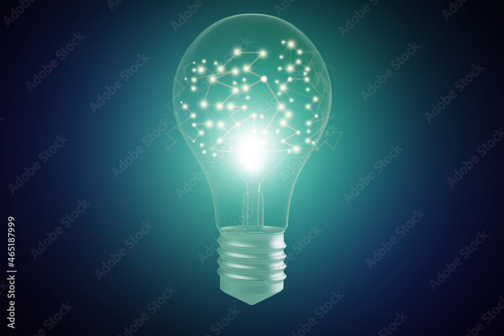 Aufkleber creative glowing lamp with polygonal connections on bright green background. idea and innovation con