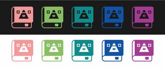 Set Ancient magic book with alchemy recipes and mystic spells and enchantments icon isolated on black and white background. Vector