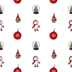 Winter vector pattern with new year details: snowman, snowball with Christmas tree, new year ball, gnome with present. Nice illustration for wrapping paper, decor, textile 