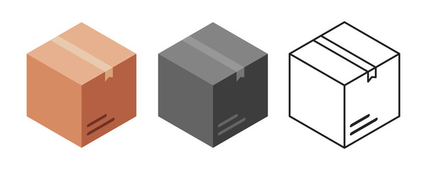 Three different isometric boxes: colored, black and outline. Box for transportation, packaging and delivery. Vector illustration.