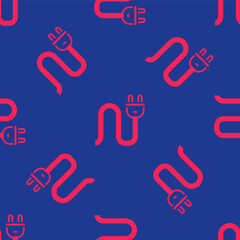 Red Electric plug icon isolated seamless pattern on blue background. Concept of connection and disconnection of the electricity. Vector