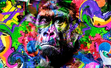 Poster Colorful artistic monkey's head on white background with colorful creative elements  © reznik_val