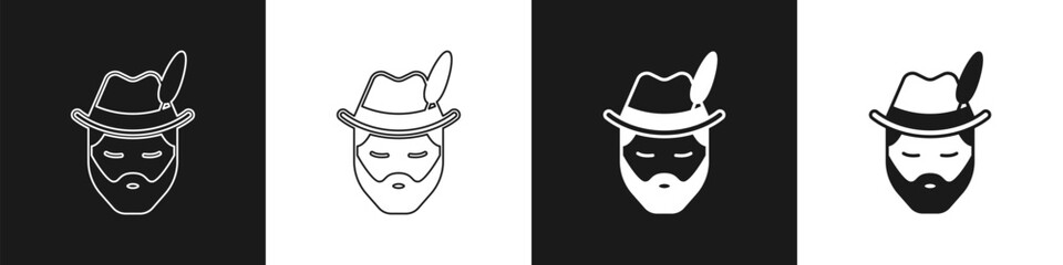 Set Man dressed for German Oktoberfest icon isolated on black and white background. Vector