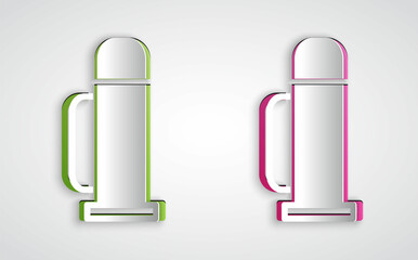 Paper cut Thermos container icon isolated on grey background. Thermo flask icon. Camping and hiking equipment. Paper art style. Vector