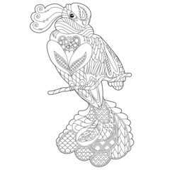 Cute beautiful bird. Doodle style, black and white background. Funny bird, coloring book pages. Hand drawn illustration in zentangle style for children and adults, tattoo.