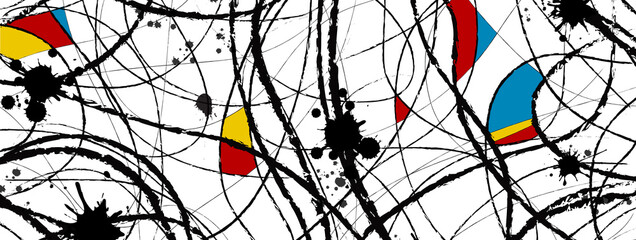 Abstract art banner. Wavy brushstrokes, ink splashes and shapes in primary colors. - obrazy, fototapety, plakaty