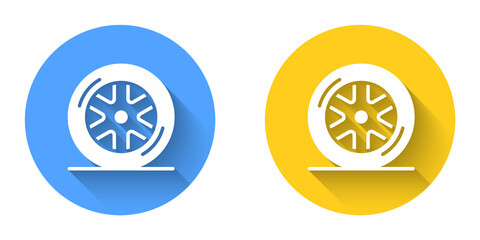 White Car wheel icon isolated with long shadow background. Circle button. Vector