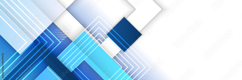 Poster Colorful blue and grey glossy squares abstract tech banner design. Geometric vector background. Banner web design template dynamic geometric pattern diagonal stripes line elements on blue background