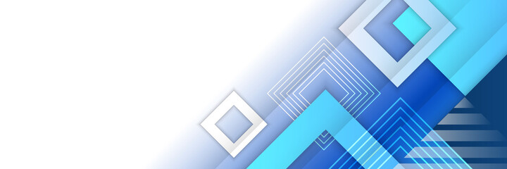 Naklejka premium Colorful blue and grey glossy squares abstract tech banner design. Geometric vector background. Banner web design template dynamic geometric pattern diagonal stripes line elements on blue background